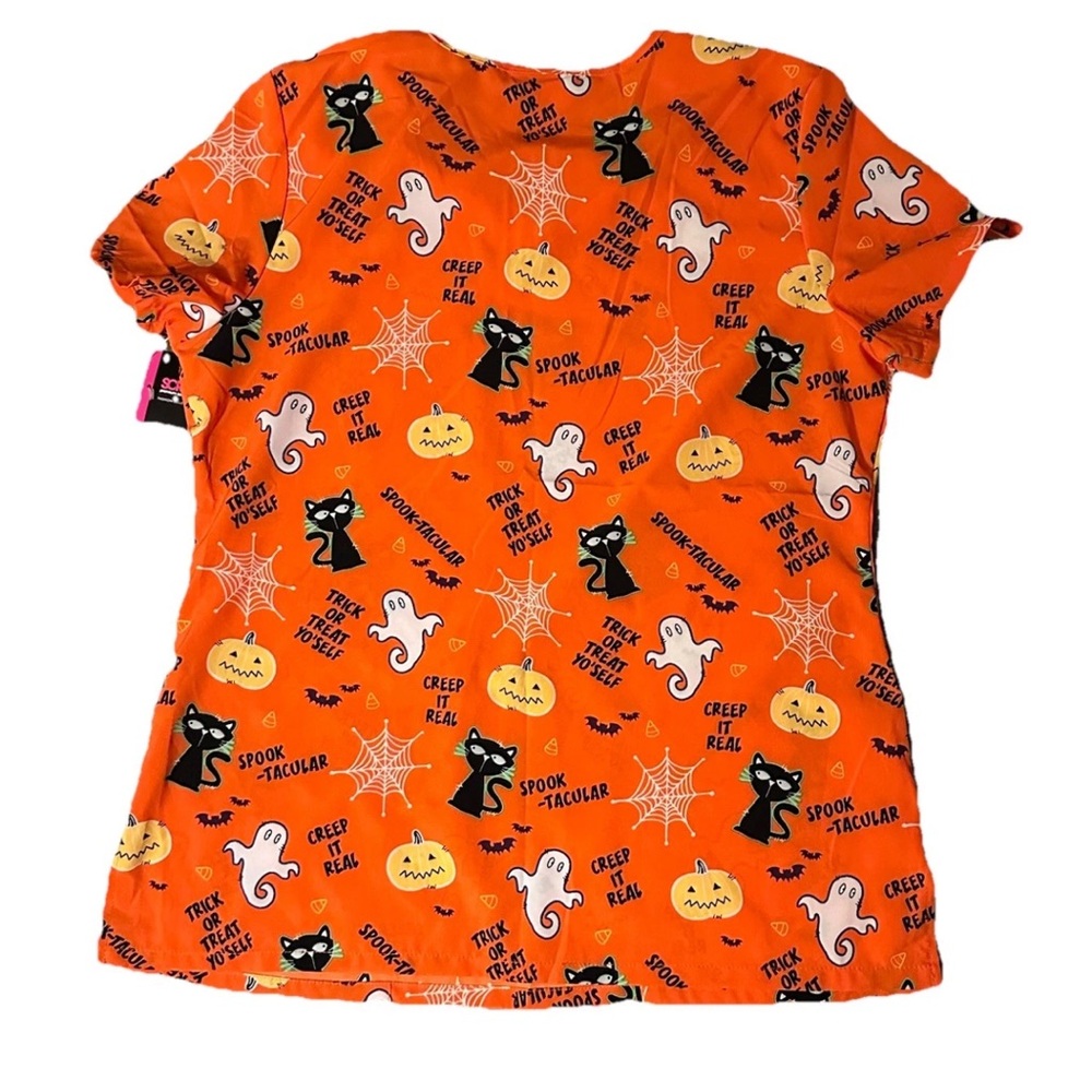 Scrubstar Medium Orange Halloween Scrub Top‎ with Ghosts and Pumpkins - Picture 2 of 6